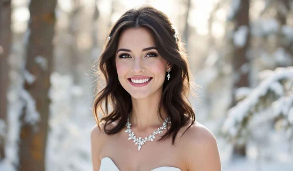 A woman in a white bridal gown stands outdoors in a snowy forest, smiling. She is wearing a jeweled necklace and earrings.