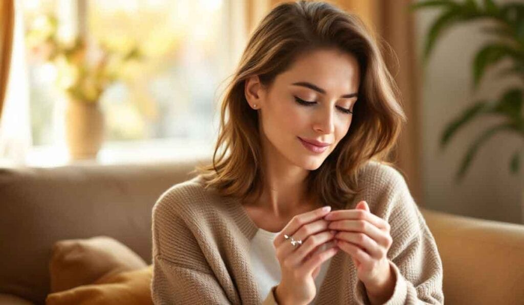 Woman with brown hair sits on a sofa, looking down at her hands, wearing a beige sweater.