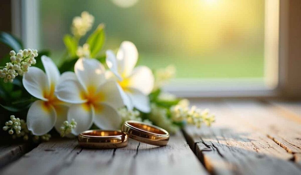 Two gold wedding rings placed on a wooden surface next to white and yellow flowers with a blurred outdoor background.