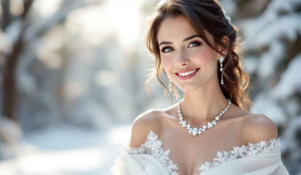 A woman in bridal attire smiling, with snow-covered trees in the background.