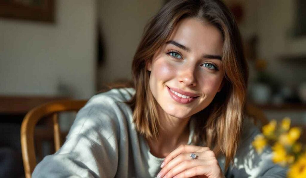 A woman with shoulder-length brown hair sits at a table, smiling and leaning forward. She wears a light gray top and a ring on her left hand. The background is softly blurred.