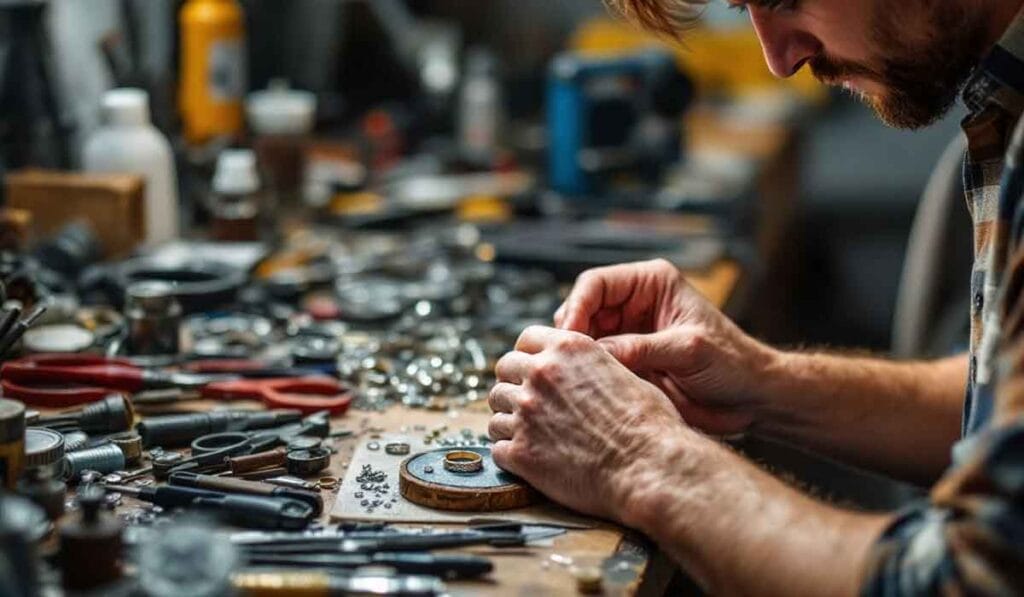 A person works intently at a cluttered workbench, assembling small mechanical components amidst various tools and parts.