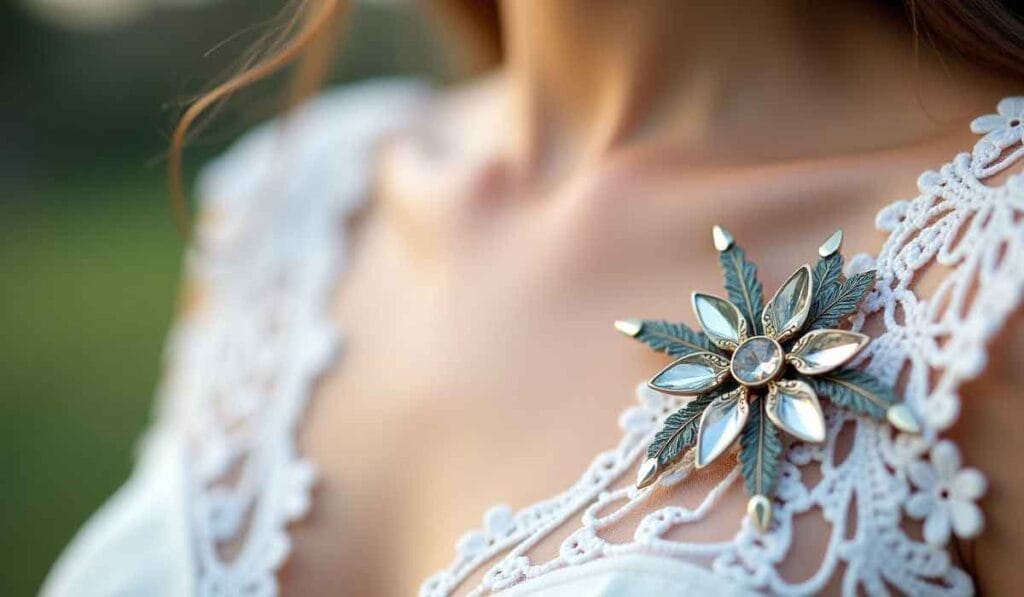 Close-up of a person wearing a white lace dress, adorned with a large decorative brooch featuring leaf-like petals and a central stone.