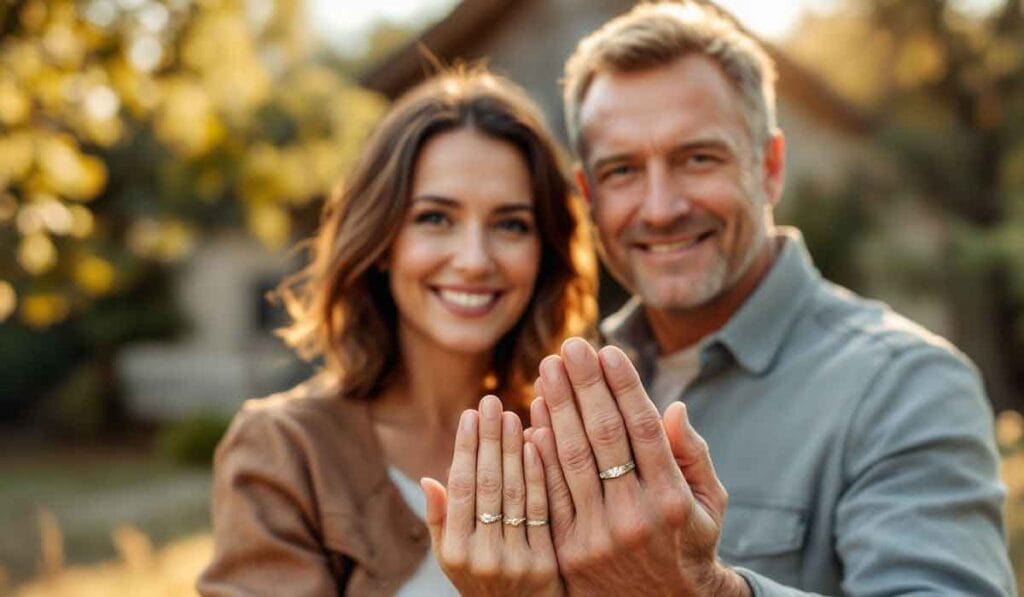 A couple smiles at the camera, showing their wedding rings. They are standing outdoors with blurred trees in the background.