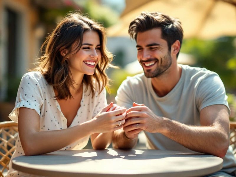 A smiling woman and man sit at a round table outdoors, holding hands and engaged in conversation.