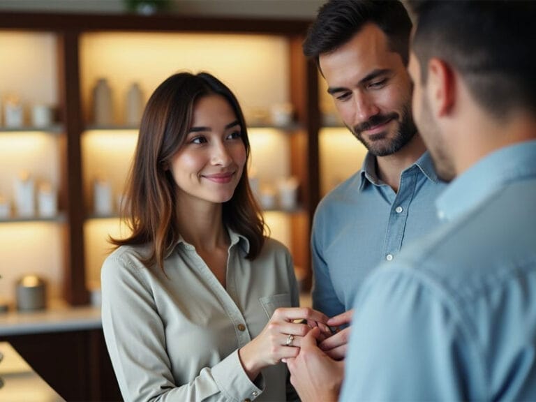 Three people wearing button-up shirts stand indoors near shelves, engaging in conversation.