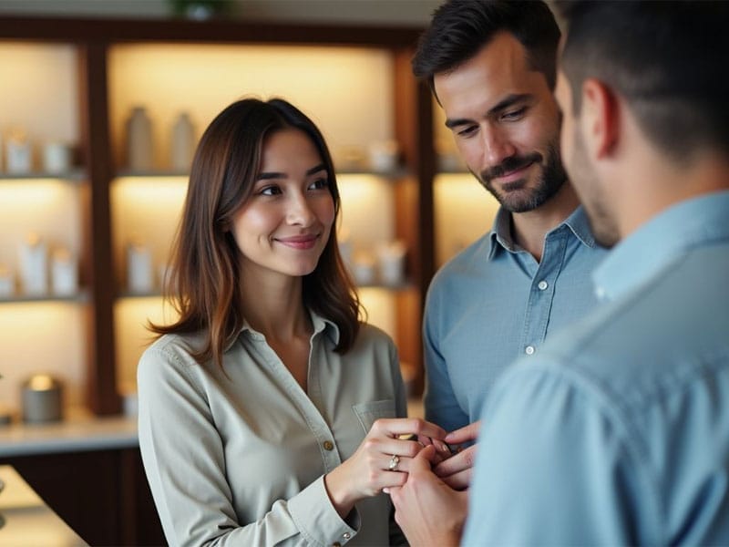 Three people wearing button-up shirts stand indoors near shelves, engaging in conversation.