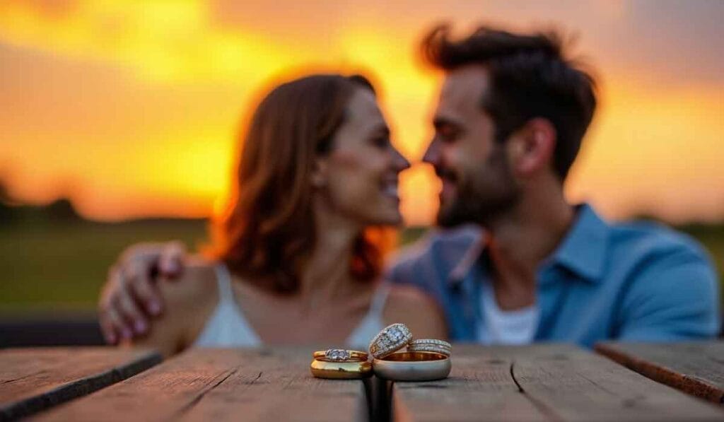 A couple embraces in the background with wedding rings displayed on a wooden surface in the foreground during a sunset.