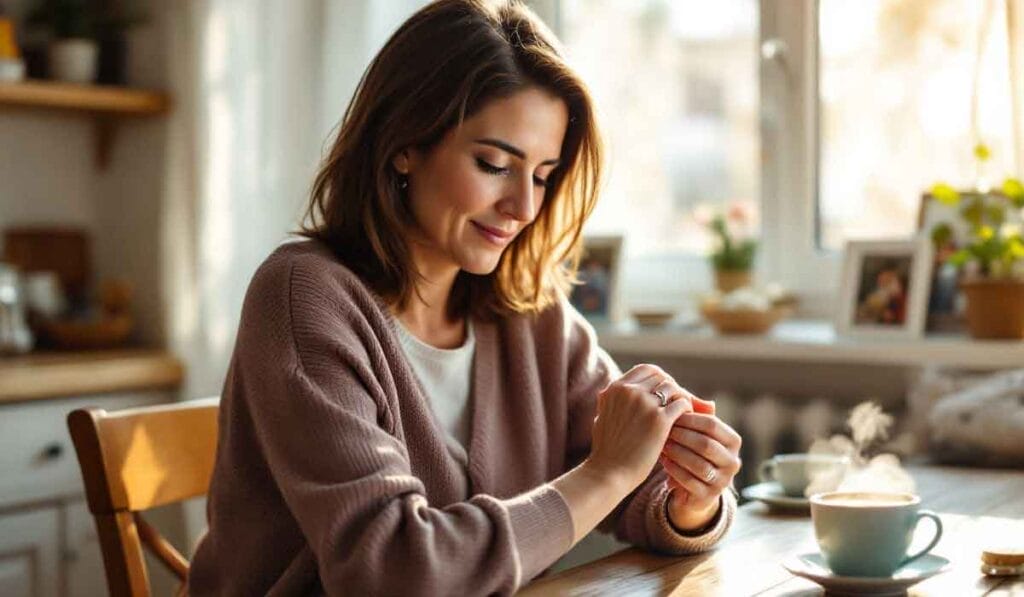 A woman sits at a table, looking down with a slight smile, holding a cup. A coffee mug is on the table, and sunlight streams in through a window.