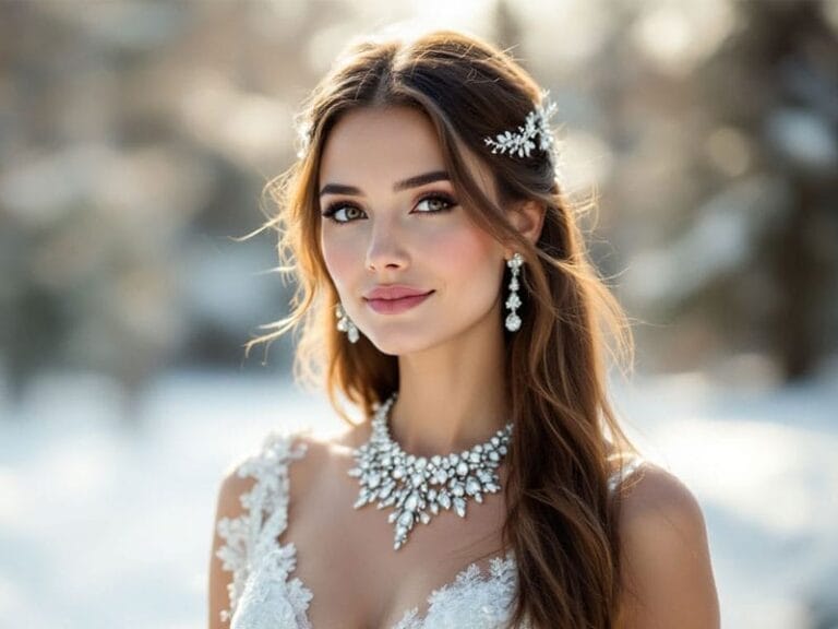 A woman in a lace dress with jeweled earrings and necklace stands outdoors, with snow-covered trees in the background.