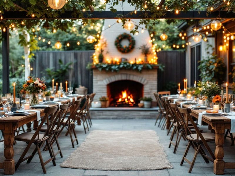 Outdoor dining area with wooden tables and chairs, decorated with floral arrangements and string lights. A lit fireplace and a lush wreath adorn the background under a canopy of greenery.