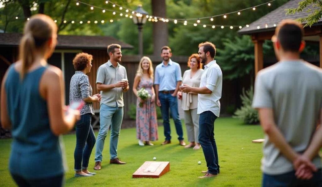 A group of people socializes outdoors on a lawn. They stand around a cornhole game, under string lights. Some hold drinks, and one person carries a bouquet of flowers. Trees and structures are visible.