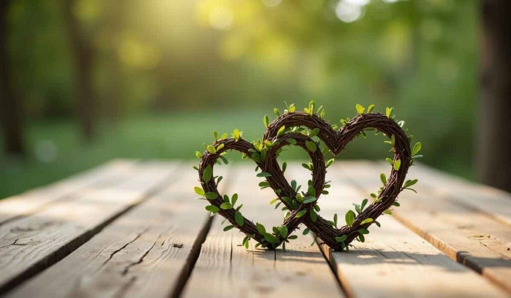 Two heart-shaped wreaths made of intertwined twigs and small green leaves sit on a wooden table, with a blurred green background.