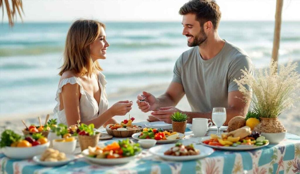 A couple enjoys a meal at a beachside table set with various dishes, including salads, fruit, and drinks. They are smiling at each other, with the ocean in the background.