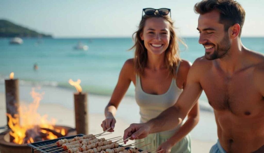 A smiling man and woman grill skewers on a beach, with a fire pit and the ocean in the background.