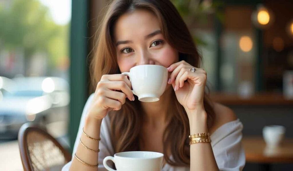 A person with long hair is sitting in a café, sipping from a white cup. Another cup is on the table.