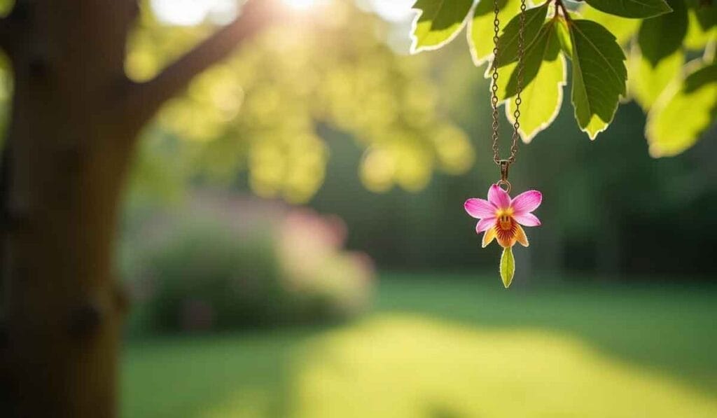 A small pink and orange flower pendant hangs from a tree branch in a sunlit, green garden.