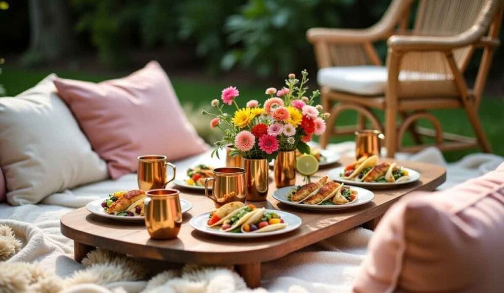 Outdoor picnic setup with a low wooden table featuring plates of food and gold cups. A floral centerpiece is surrounded by cushions and a chair in a garden setting.