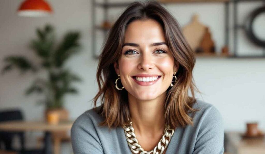 Woman smiling indoors, wearing a gray sweater, gold chain necklace, and hoop earrings. Blurred background with plants and shelves.