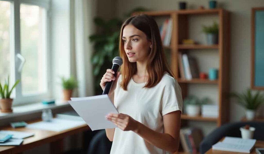 A woman in a white shirt holds a microphone and paper, speaking in a modern, plant-filled room with bookshelves in the background.