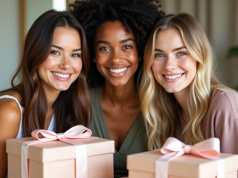 Three women smiling together, each standing behind a gift box wrapped with a pink ribbon.