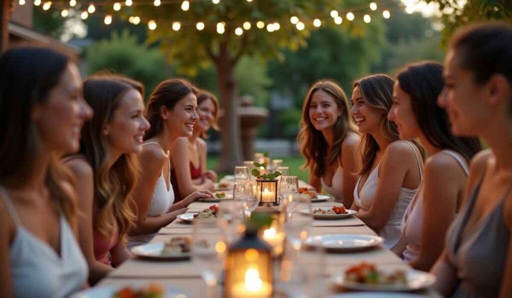 Group of women seated at an outdoor dining table, sharing a meal and laughing, with string lights overhead.