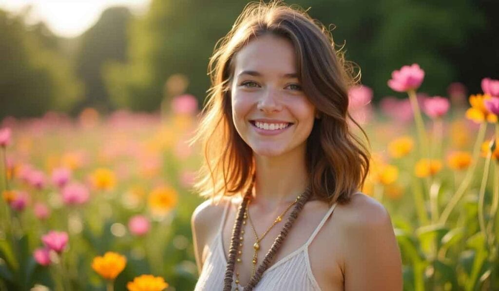 A woman smiling in a field of colorful flowers under bright sunlight.