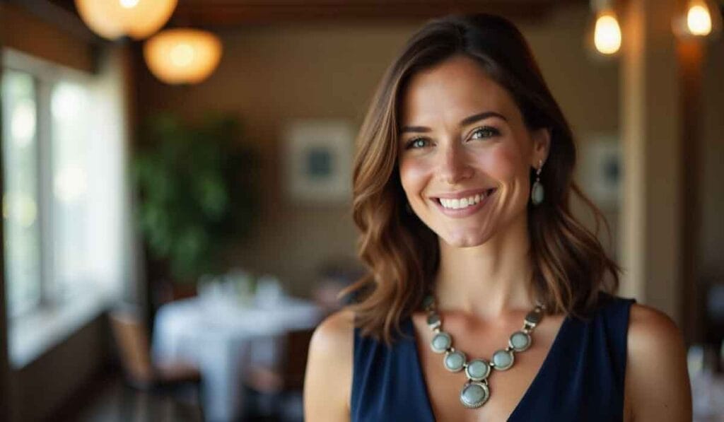 A woman with shoulder-length hair smiles at the camera, wearing a sleeveless top and a statement necklace. The background is softly blurred, with warm lighting.