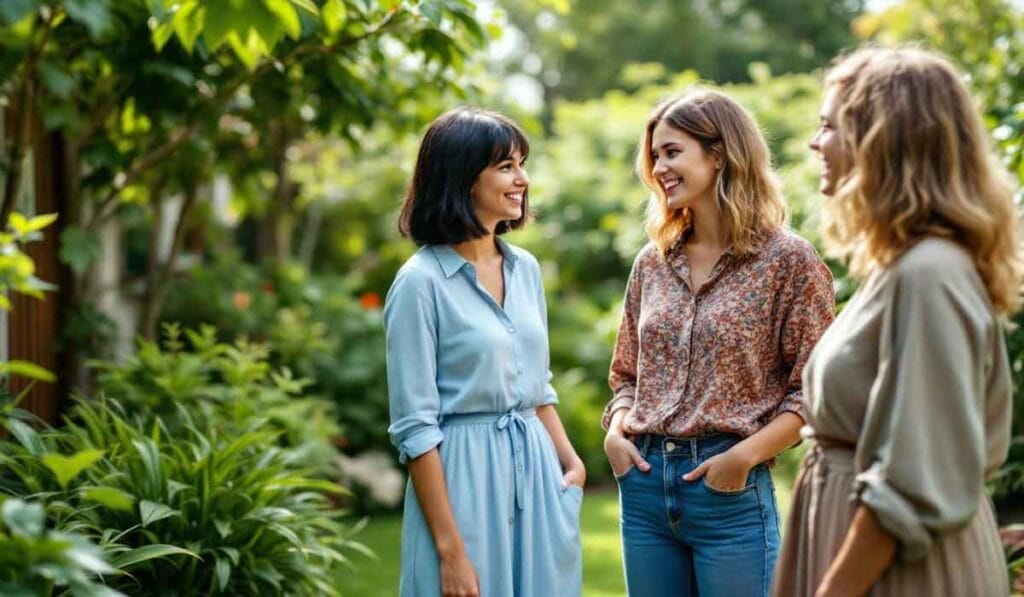 Three women standing and talking in a lush garden setting on a sunny day, surrounded by greenery and plants.