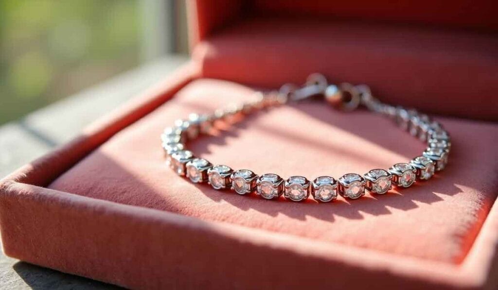 A silver bracelet with circular diamond-like stones is displayed in a red velvet jewelry box.