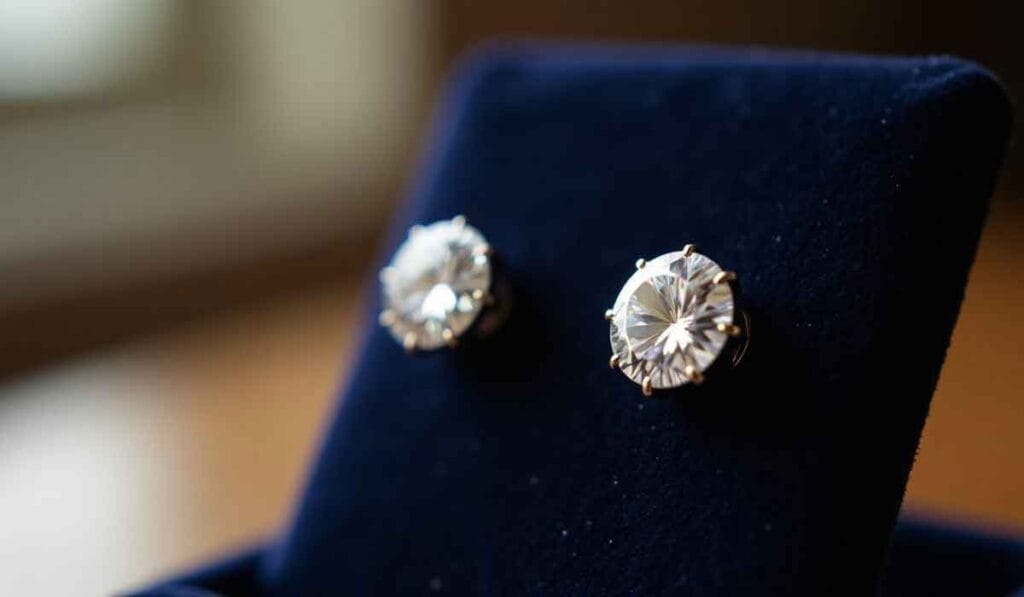 A pair of round diamond earrings in a blue velvet box.