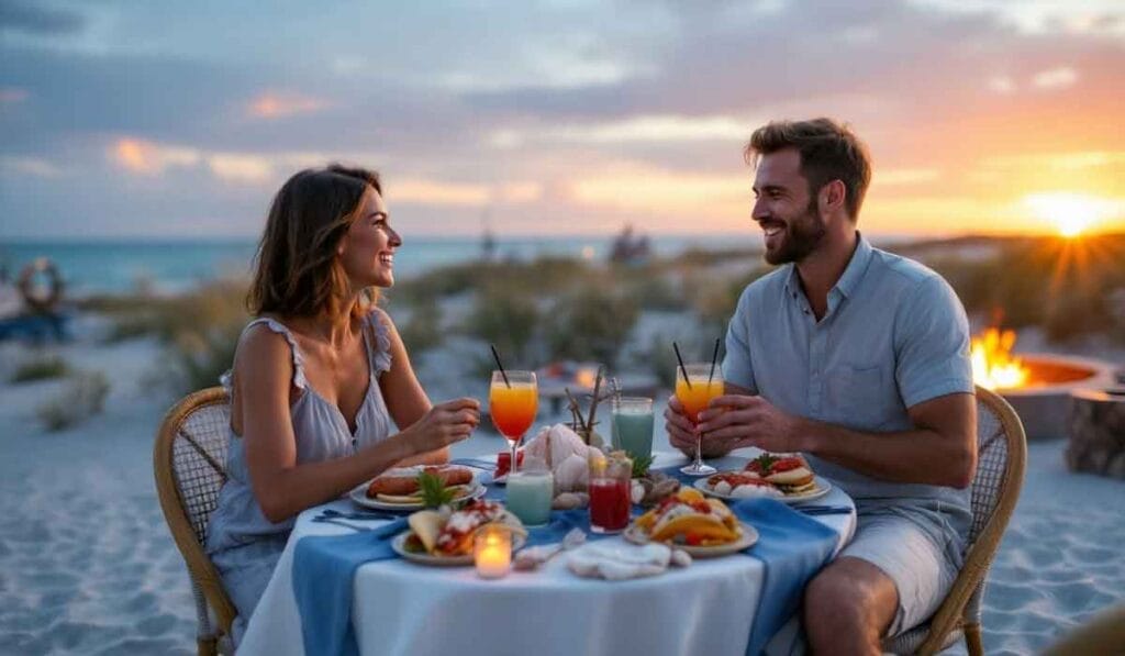 Couple enjoying a romantic beach dinner at sunset, with drinks and plates of food on a table adorned with blue and white linens.