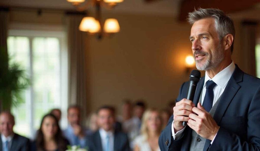 A man in a suit speaks into a microphone in a brightly lit room with seated people in the background.