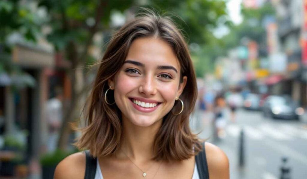 Smiling woman with shoulder-length brown hair stands outdoors, wearing hoop earrings and a necklace. The background is a blurred street scene with trees.