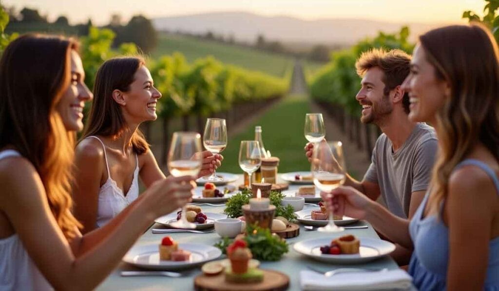 Four people enjoy a meal with wine at an outdoor table in a vineyard setting during sunset.