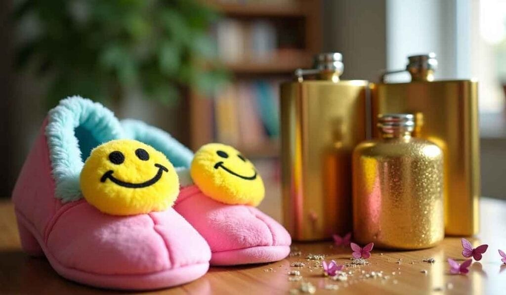 Pink slippers with smiley faces sit on a table beside three gold-colored flasks and small pink flowers.