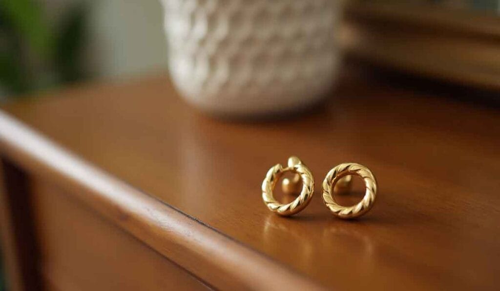 Gold twisted hoop earrings on a wooden surface with a textured vase in the background.