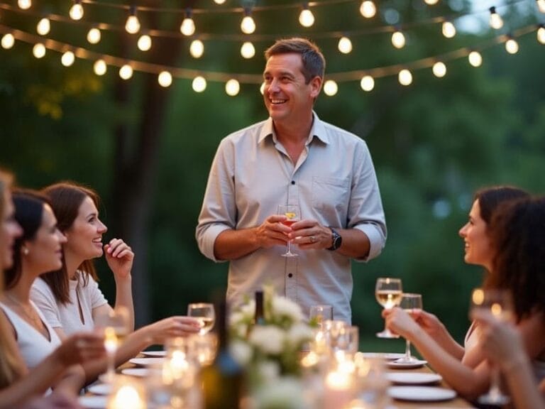 A man stands and speaks at an outdoor wedding rehearsal dinner party. Several people are seated around a table with string lights above.