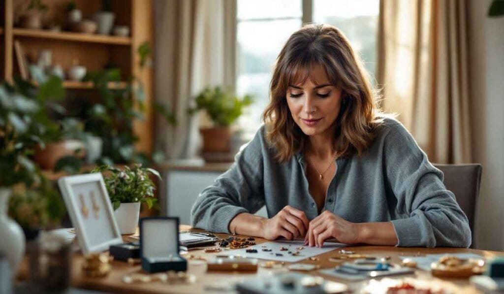 A woman sits at a table, focused on crafting jewelry, surrounded by jewelry-making materials and indoor plants.