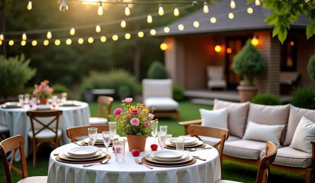 Outdoor garden party scene with round tables set for dining. Each table has a floral centerpiece. String lights are overhead, and a house with warm lighting is in the background.