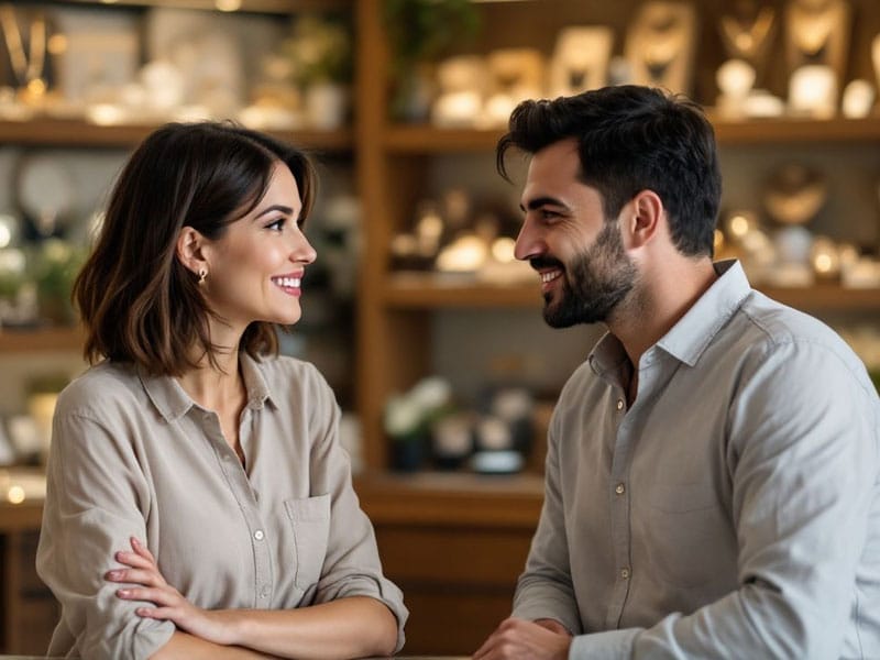 A man and a woman smiling at each other in a well-lit store, with shelves of jewelry in the background. Both are wearing light-colored shirts.