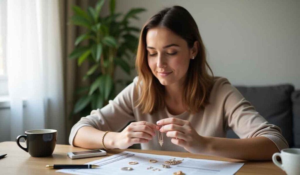 A woman at a table examining jewelry, with two cups, a pen, and papers nearby.