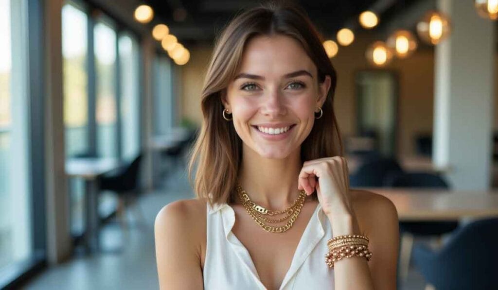 A woman in a white sleeveless top smiles inside a well-lit room with tables and large windows. She wears gold jewelry, including earrings, necklaces, and bracelets.