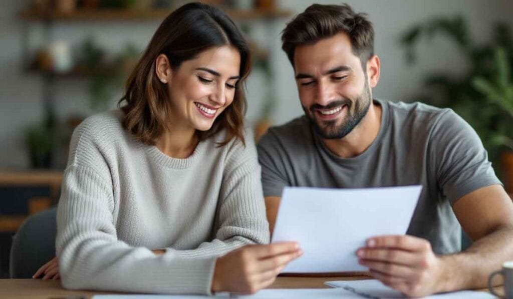 A man and woman sitting at a table, smiling while looking at papers.