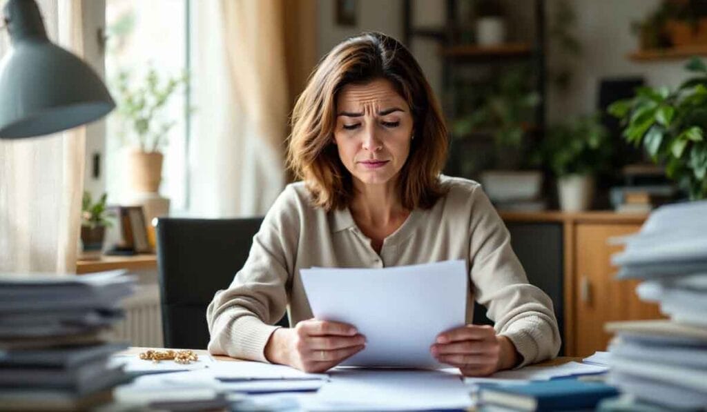 A woman sits at a cluttered desk, looking intently at a document, appearing focused and concerned.