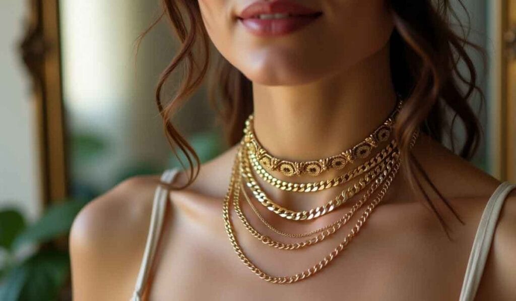 A woman wearing multiple gold necklaces, including a choker and layered chains, is shown from the shoulders up. The background is softly blurred.