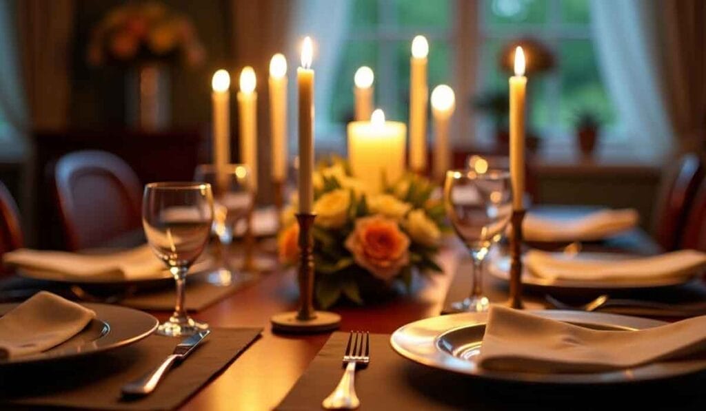 A dining table set for a formal dinner with lit candles, plates, glasses, and a flower centerpiece.