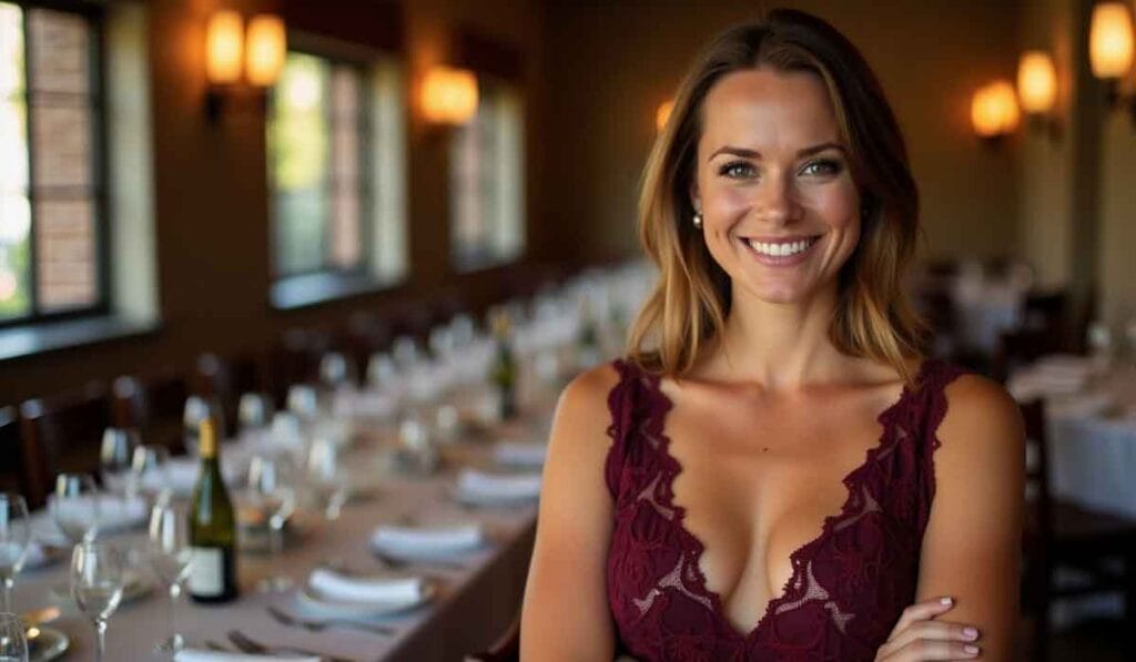 A woman in a red dress smiles at the camera in a restaurant with tables set for dining.