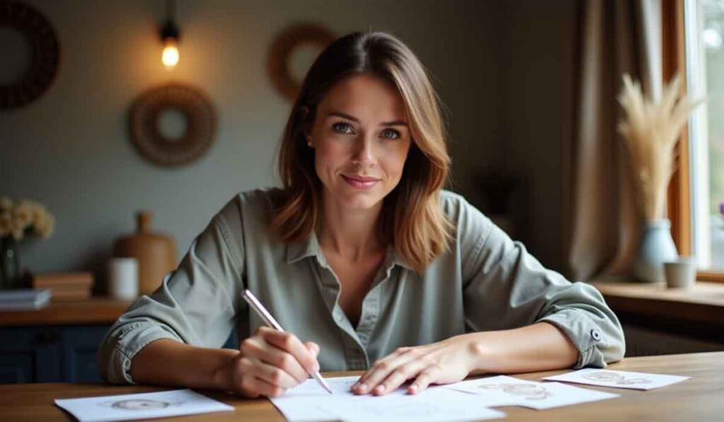 Woman sitting at a wooden table, writing on papers, with decorative items and a window in the background.