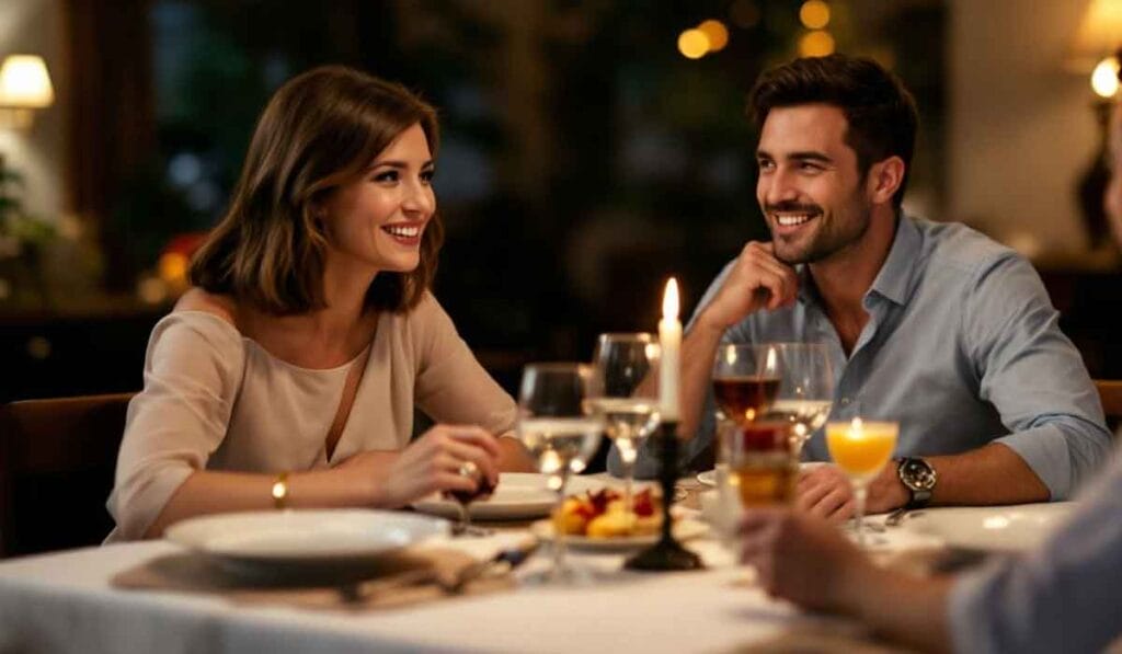 A man and a woman smiling at each other while seated at a candlelit dinner table with drinks and plates.